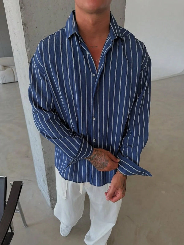 Men's Blue & White Striped Long Sleeve Casual Shirt, Relaxed Fit, Versatile & Minimalist Design, Suitable For Multi-Season Everyday Wear, Comfortable & Breathable, Linen-Like Texture, Fall